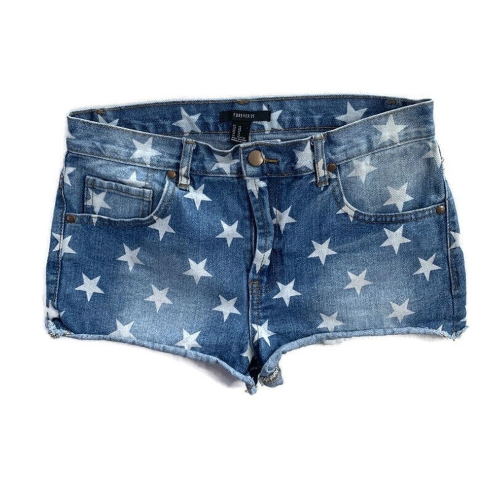 Forever 21 White Stars Print Cutoff Mid Rise Denim Shorts